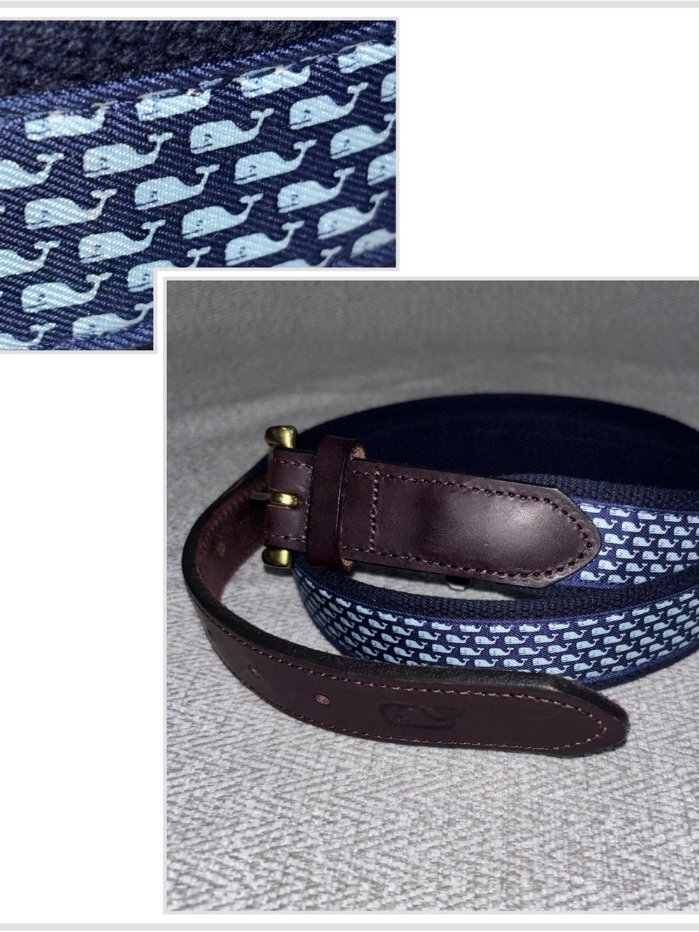 Vineyard Vines blue micro whale canvas and dark brown leather belt size 42